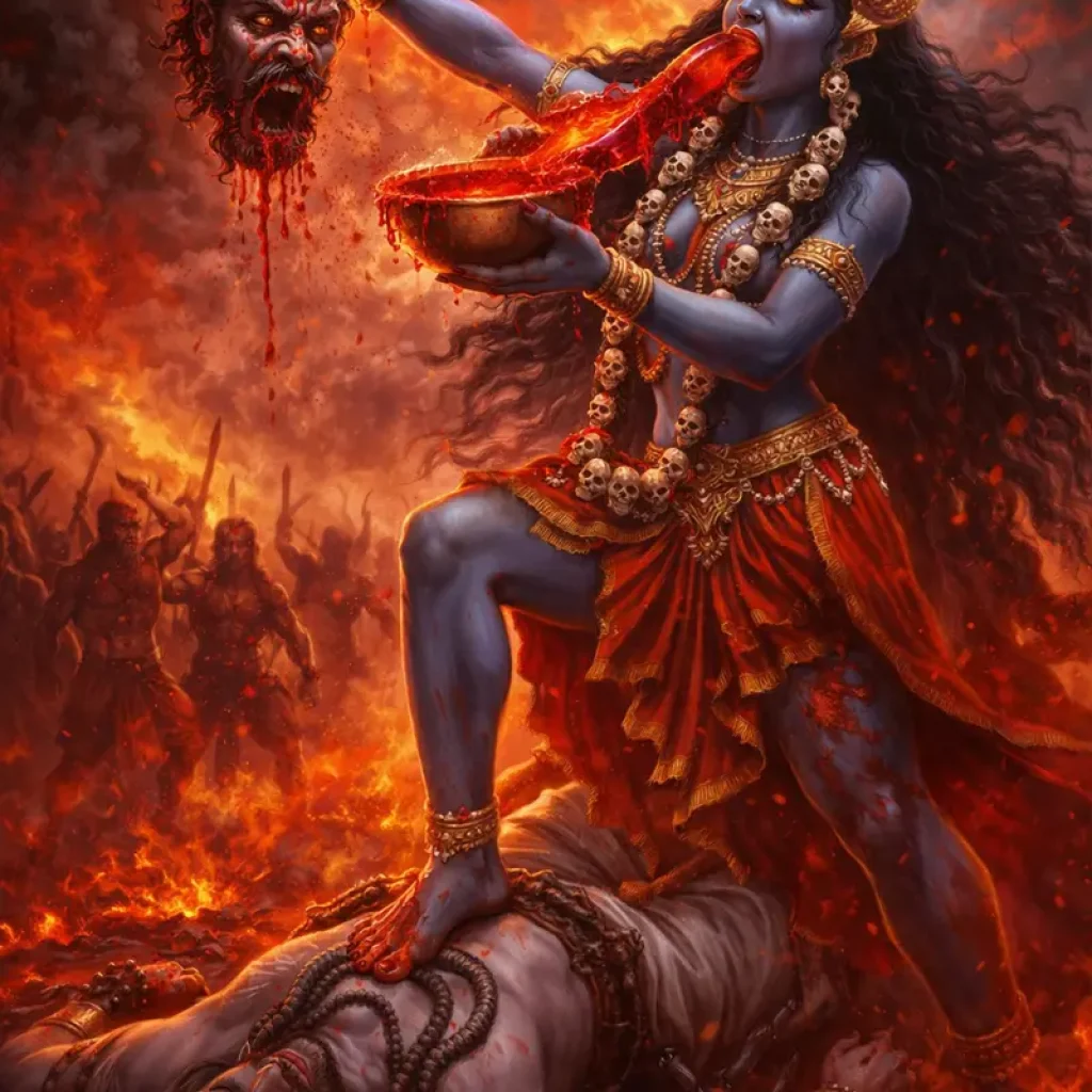 maa kali drinking the blood of demon king raktabeej at Kalimath temple
