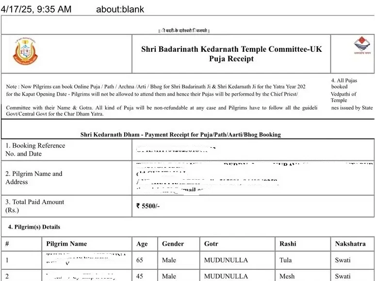 kedarnath vip darshan ticket receipt photo
