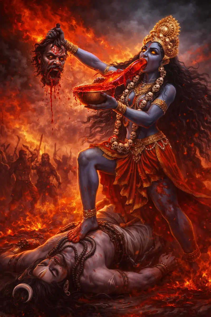 maa kali drinking the blood of demon king raktabeej at Kalimath temple