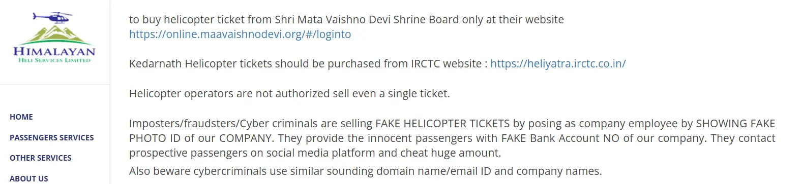 Official notice on the Himalayan heli website telling that helicopter operators are not authorized to sell even a single ticket.