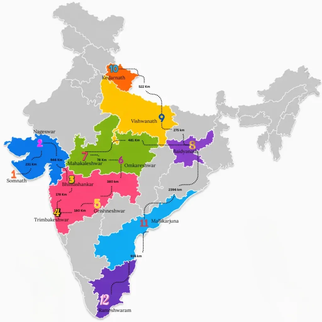 12 jyotirlinga name and place on map with distance